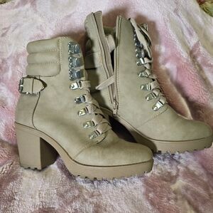 MIA Taupe Lace-Up Chunky Heel Ankle Boots